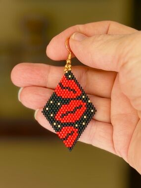 Lipstick Kiss Earrings • Red Black Beaded Statement Earrings
